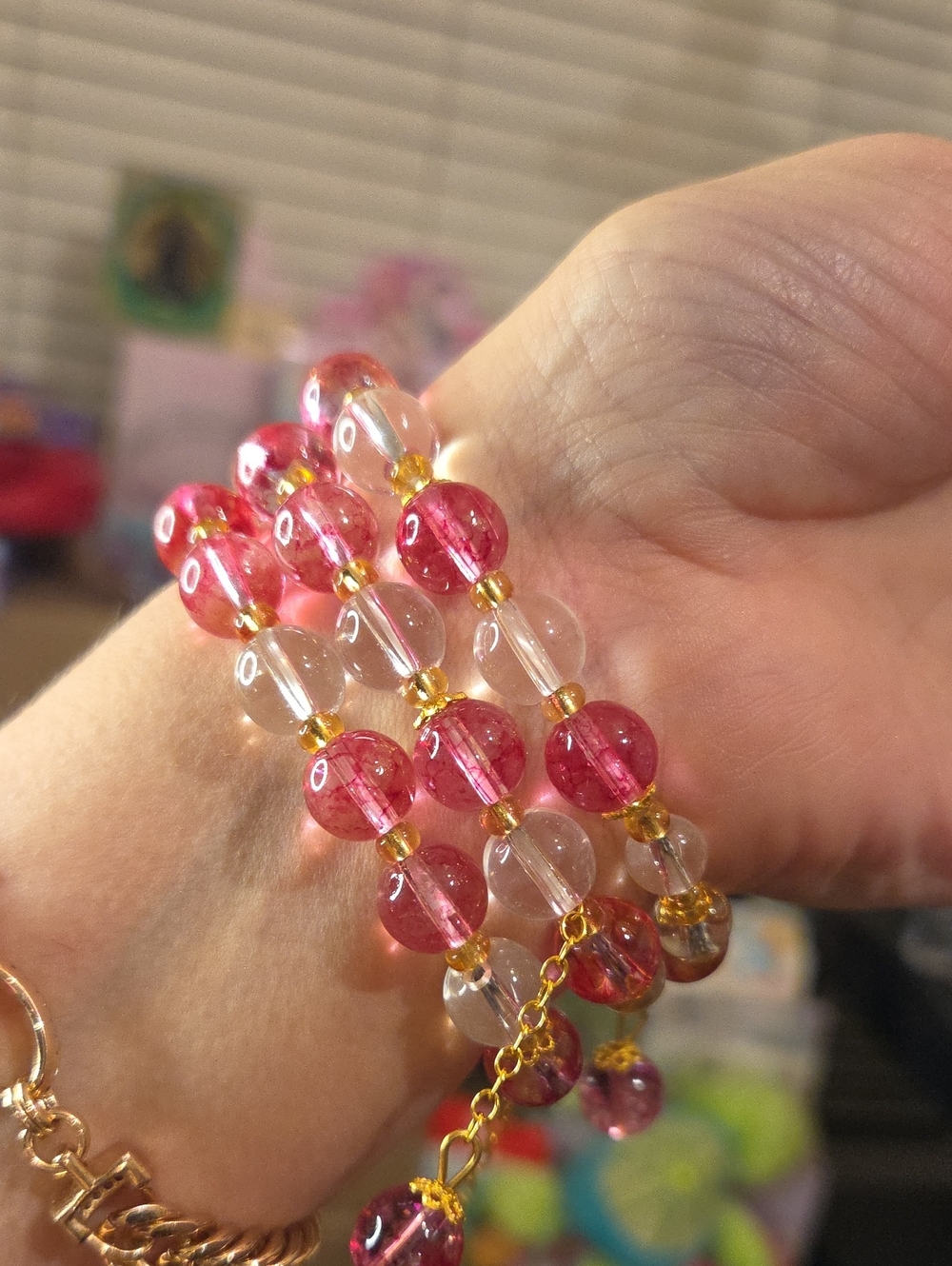 3 Pink Glass Bead Stretch Bracelet Stack with Gold Accents